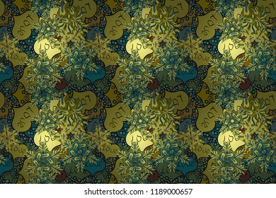 Sketch heart elements on yellow, green and blue colors. Romantic seamless. Valentine':s day. Raster illustration. Love repeated backdrop for girl, textile, clothes, wrapping paper.