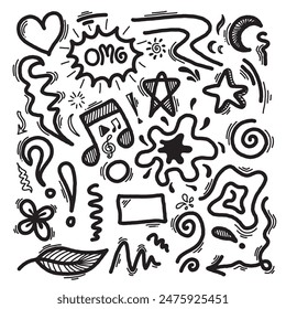 Sketch heart, emphasis, arrow shape set. Hand drawn brush stroke, highlight, speech bubble, star, sparkle element. Vector illustration