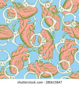 Sketch heart and handcuffs, vector seamless pattern