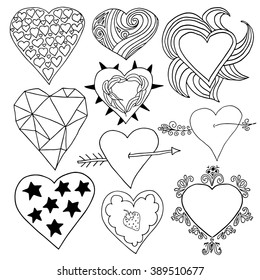 Sketch Heart Icons Set. Hand drawn black and white vector icons illustration.
