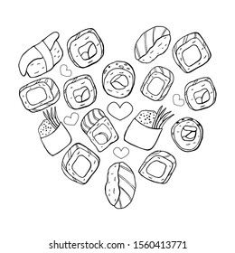 sketch of heart made of sushi and sushi rolls isolated on white. Sushi rolls in black and white