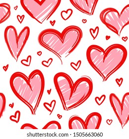 Sketch heart seamless pattern. Hand drawn red hearts, love romantic symbols for valentines day gift wrapping. Vector beautiful doodle background print texture