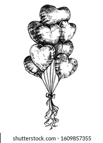 Sketch heart shape balloons isolated on white, Hand drawn ink St. Valentine's Day card. 