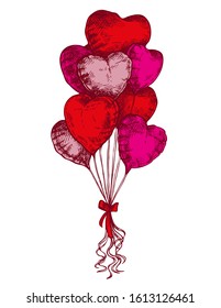Sketch heart shape balloons isolated on white, St. Valentine's Day card. 