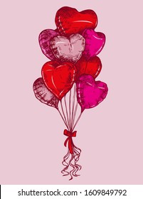 Sketch Heart Shape Balloons, St. Valentine's Day Card. Hand Drawn Colorful Valentine Poster