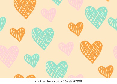 Formas de corazón de croquis patrón sin fin de Vector. Fondo de concepto de amor. Impresión decorativa de Festiva. Ornamento de corazones de textura Doodle. Papel de embalaje de Boda. Precioso diseño de dibujos animados.
