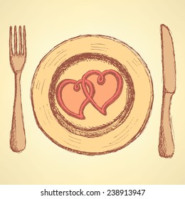 Sketch  hearts on the plate in vintage style,  vector 