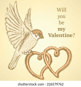 Sketch hearts and sparrow in vintage style, vector Valentine background