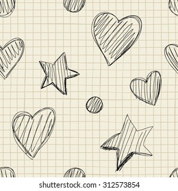 Sketch with hearts and stars. Hand drawn
