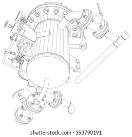  Sketch of heat exchanger with pipes on white background, close up view