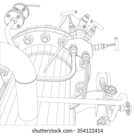  Sketch of heat exchanger with pipes on white background