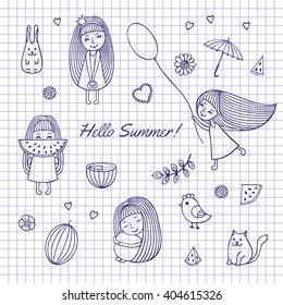 Sketch Hello summer. On notebook sheet drawn girls, Bunny, kitten, bird, hearts, umbrella. All hand-drawn contour lines. Drawings are not colored.