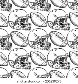 Sketch helmet and american football ball, seamless pattern 