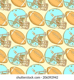 Sketch Helmet And American Football Ball, Seamless Pattern 