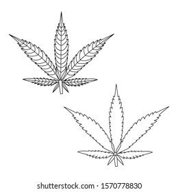 Sketch hemp vector set. Outline flat cannabis illustration.