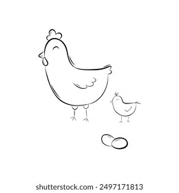 Sketch of a hen with a chicken and eggs. Simple vector illustration in doodle style.