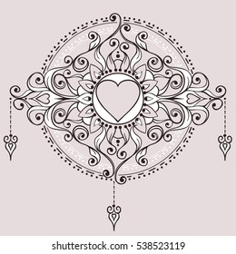 Sketch of henna heart tattoo. Mehndi elements for tattoo design, card backgrounds, print on clothes or else. Vector hearts for Valentines day