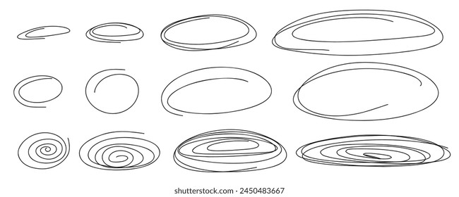 Sketch highlight oval frame set. Doodle Marker hand drawn highlight scrawl circles. Marker sketch. Highlighting text and important objects. Round scribble frames. Stock vector illustration on white.