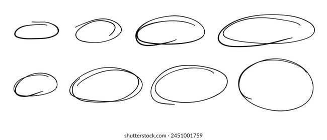 Sketch highlight oval frames set. Doodle Marker hand drawn highlight scrawl circles. Marker sketch. Highlighting text and important objects. Round scribble frames. Stock vector illustration on white.