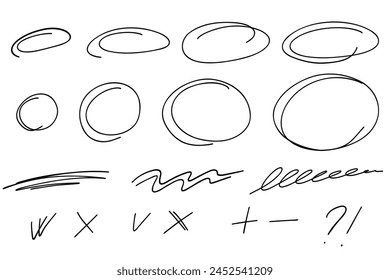 Sketch highlight oval frames set. Doodle hand drawn highlight scrawl circles. Marker sketch. Highlighting text and important object. Round scribble frames. Stock vector illustration isolated on white.