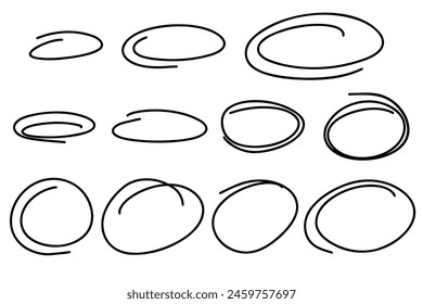 Esboce el conjunto de marcos ovalados resaltados. Garabatos dibujados a mano resaltan círculos garabateados. Esbozo de marcador. Resaltar texto y objetos importantes. Marcos de garabatos redondos. Ilustración vectorial estándar en blanco.