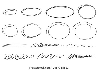 Sketch highlight oval frames set. Doodle hand drawn highlight scrawl circles. Marker sketch. Highlighting text and important object. Round scribble frames. Stock vector illustration isolated on white.