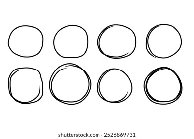 Sketch highlight oval frames set. Doodle Marker hand drawn highlight scrawl circles. Marker sketch. Highlighting text important objects. Round scribble frames. Vector illustration isolated on white.