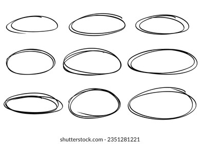 Sketch highlight ovals frames. Doodle marker hand drawn highlight scrawl circles frame. Highlighting text and important objects. Round scribble frames. Stock vector illustration isolated on white.