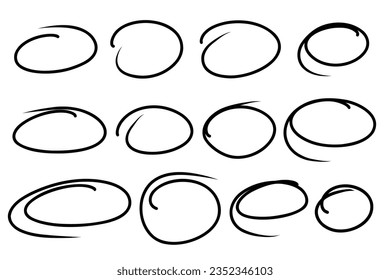 Sketch highlight ovals frames. Doodle hand drawn marker highlight scrawl circles frame. Highlighting text and important objects. Round scribble frames. Stock vector illustration isolated on white.