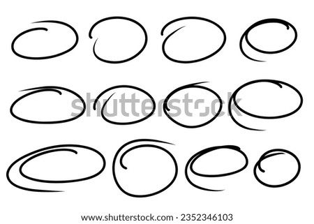 Sketch highlight ovals frames. Doodle hand drawn marker highlight scrawl circles frame. Highlighting text and important objects. Round scribble frames. Stock vector illustration isolated on white.