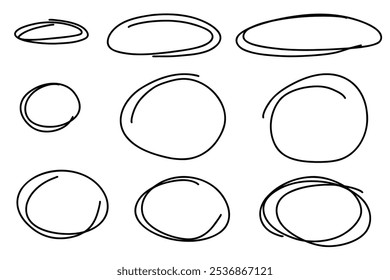 Linha de realce ovais do esboço. Desenhar o marcador mão desenhado esboço de círculos de afunilamento. Realce de texto e objetos importantes. Arredondar quadros de rabisco. Ilustração de vetor de estoque isolada em branco.