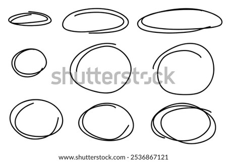 Sketch highlight ovals line. Doodle marker hand drawn highlight scrawl circles sketch. Highlighting text and important objects. Round scribble frames. Stock vector illustration isolated on white.