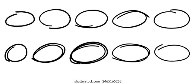 Sketch highlight ovals line set. Doodle Marker hand drawn highlight scrawl circles. Marker sketch. Highlighting text and important objects. Round scribble frames. Stock vector illustration on white.