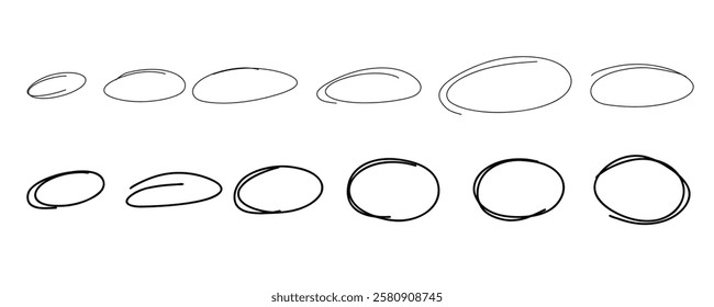 Sketch highlight ovals line set. Doodle marker hand drawn highlight scrawl circles sketch. Highlighting text and important objects. Round scribble frames. Stock vector illustration isolated on white.