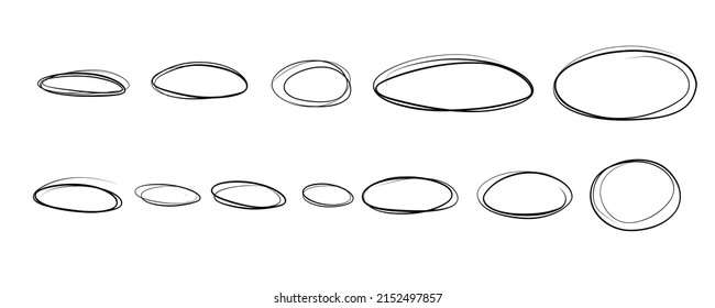 Sketch highlight ovals set. Doodle Marker hand drawn highlight scrawl circles . Marker sketch. Highlighting text and important objects. Round scribble frames. Stock vector illustration on white.