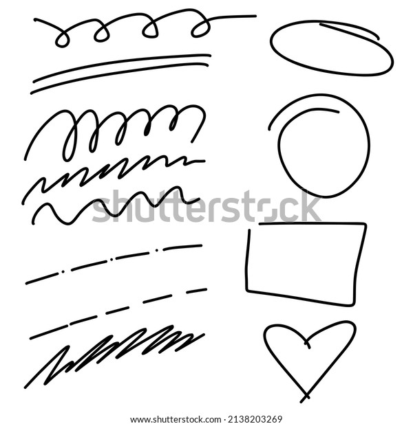 Sketch\
highlight strokes, underline, frames, checkmarks, lines, emphasis,\
waves brush set. Hand drawn doodle oval, check mark and underline.\
Vector freehand illustration on white\
background.