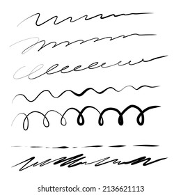 Sketch highlight strokes, highlight underline,  lines, emphasis, waves set. Hand drawn check mark underline. Vector freehand marker illustration on white background.