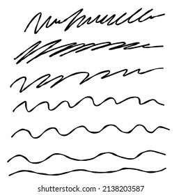 Esbozo resaltado subrayado, líneas, trazos, énfasis, resaltado de ondas. Marca de verificación dibujada a mano subrayado. Ilustración del marcador de la mano libre vectorial en el fondo blanco.