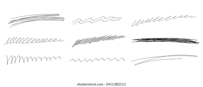 Esbozo resaltado subrayado, líneas, trazos, énfasis, resaltado de ondas. Marca de verificación dibujada a mano subrayado. Ilustración del marcador de mano libre vectorial en fondo blanco