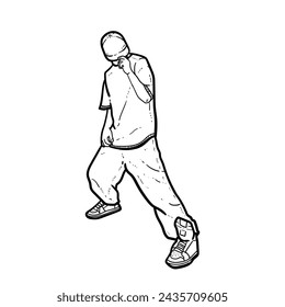 Sketch Hip hop Rapper Boy or man or guy good pose with his oversized t-shirt hold cap shoes on White Background vector modern illustration