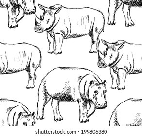 Sketch hippo and rhino, vector vintage seamless pattern 