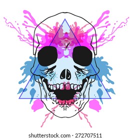 Sketch Hipster Bones of the Head in triangle frame with watercolor ink drop. Hand Drawn Skull  doodle vector illustration. Sketch for tattoo.