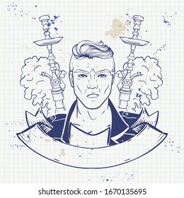 Sketch of hipster with hookah on a notebook