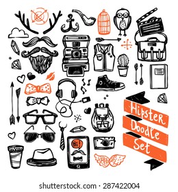 Sketch hipster set with trendy fashion elements isolated vector illustration