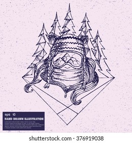 Sketch of hipster snowboarder girl. Hand drawn illustration in dot art style. Drawing with geometric shapes