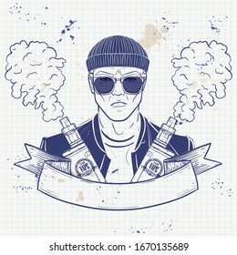 Sketch of hipster with a vaporizer cigarette
