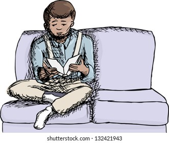 Sketch of Hispanic boy on sofa reading book