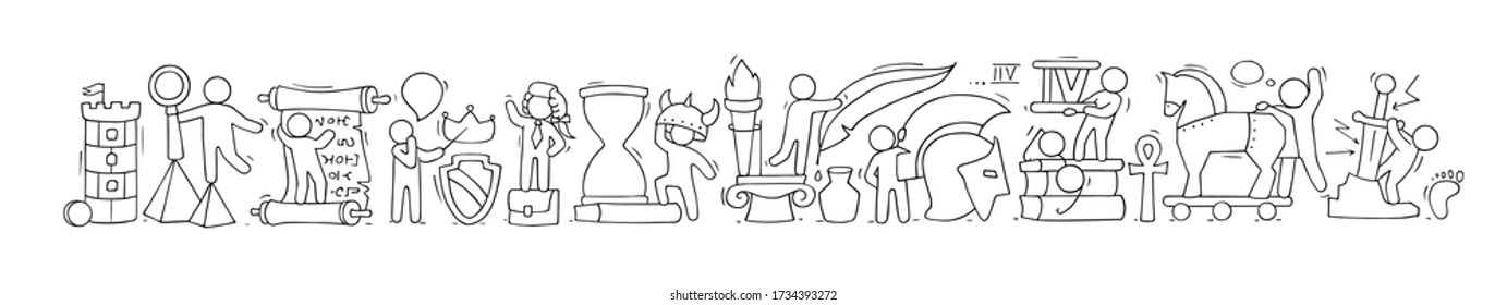 Sketch of history class with studing little people. Doodle cute miniature of teamwork and ancient symbols. Hand drawn cartoon vector illustration for school subject design.