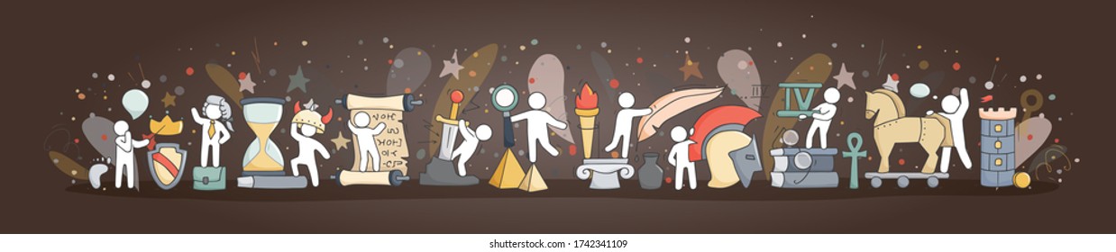 Sketch of history class with studing little people. Doodle cute miniature of teamwork and ancient symbols. Hand drawn cartoon vector illustration for school subject design.