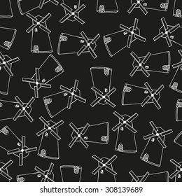 Sketch Holland windmill, vector seamless pattern on black background. Hand drawn vector illustration